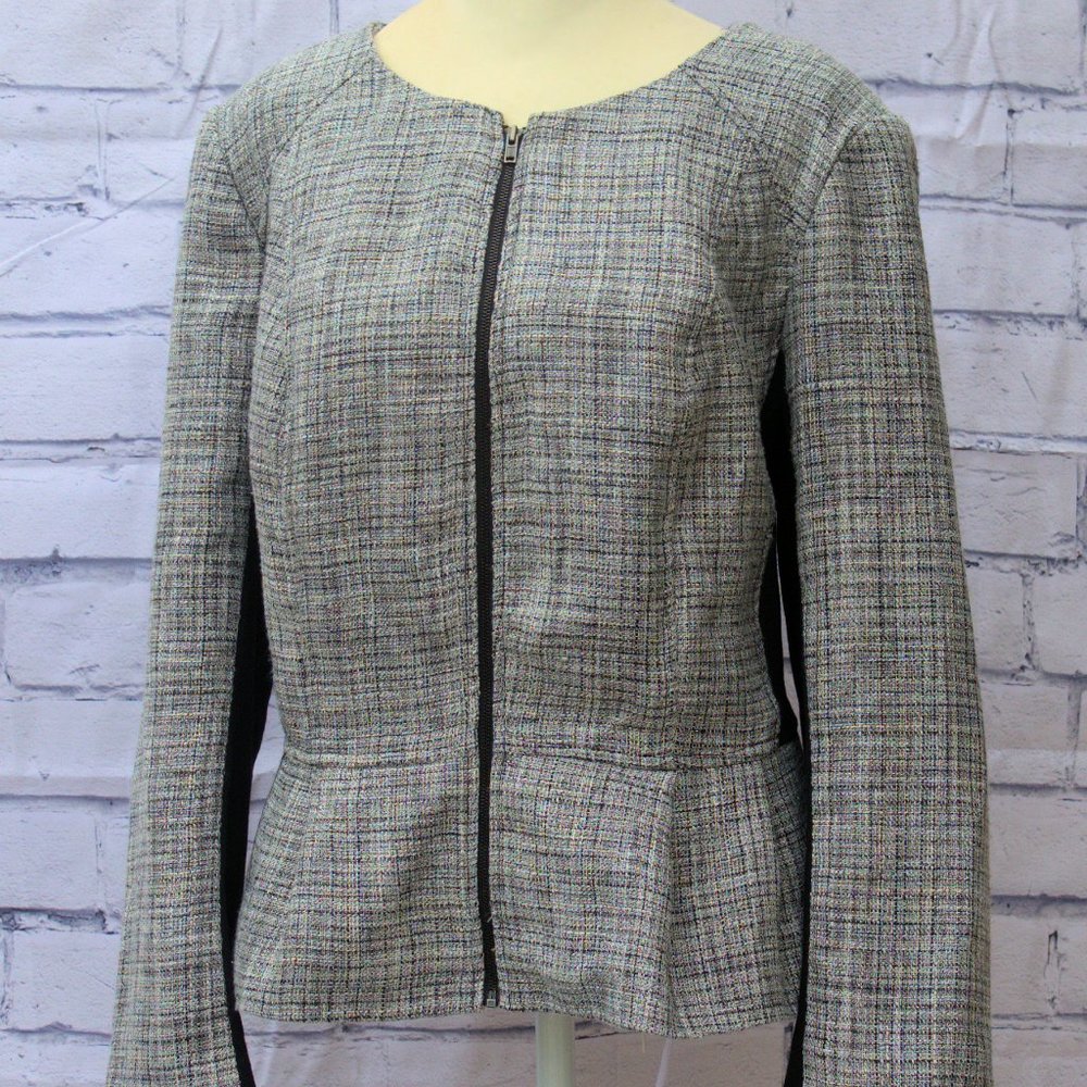 ELLE Tweed Grey Black Peplum Zip Front Jacket